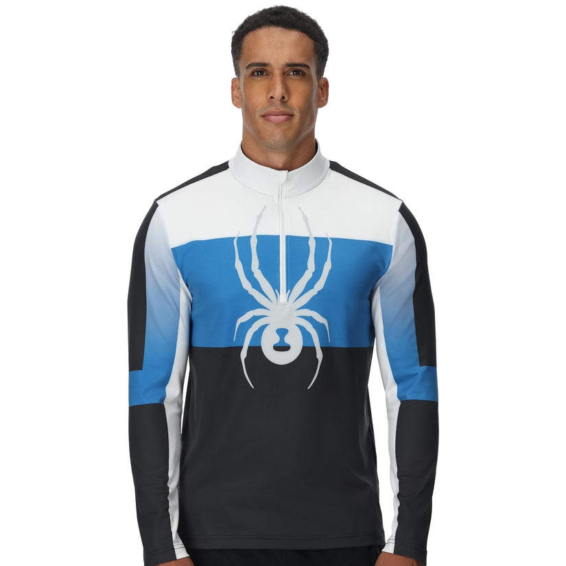 Man wearing a sports jersey with a spider logo on a white background