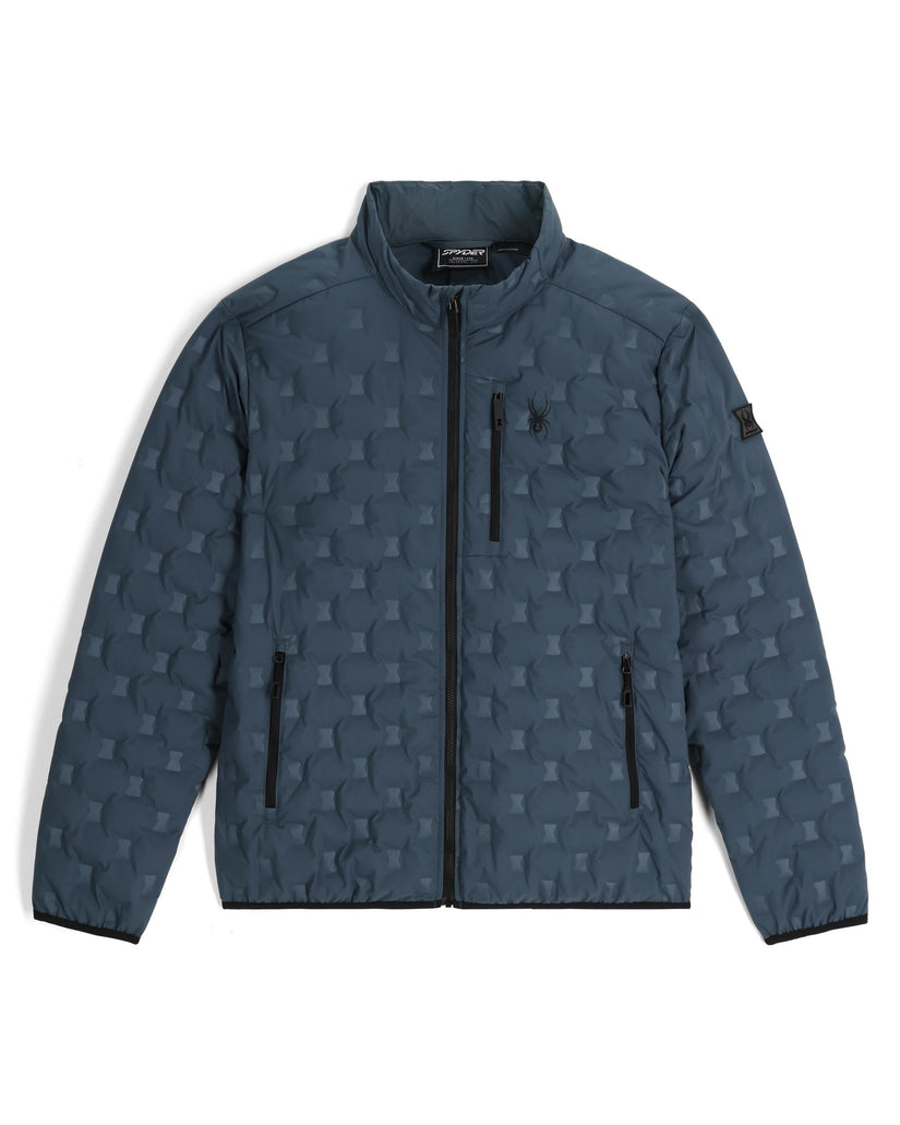 Blue quilted jacket with a pattern on a white background
