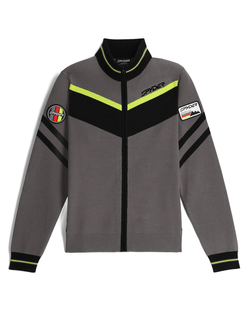 Gray sweater with black and yellow accents on a white background