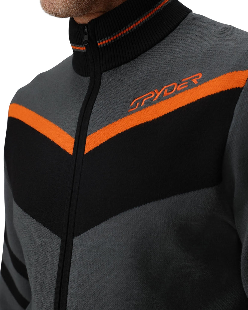 Gray and black jacket with orange accents and Spyder logo