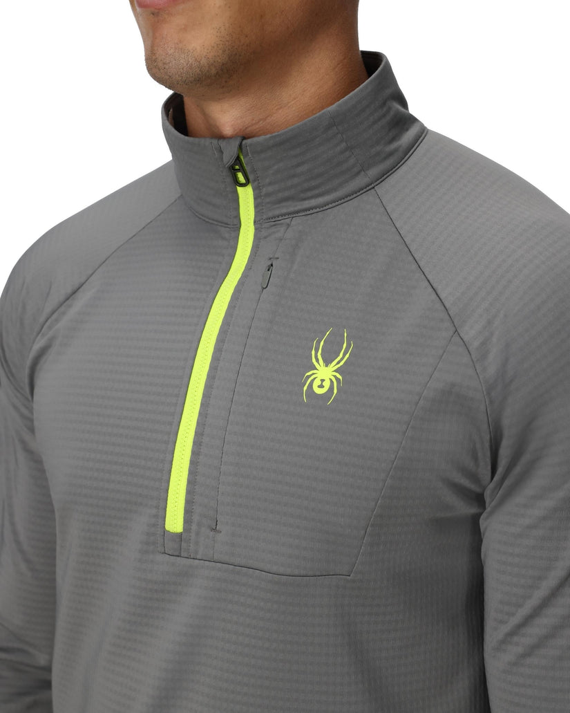 Gray pullover with a yellow zipper and logo on a white background