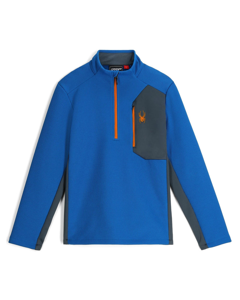 Blue and gray long-sleeve shirt with orange zipper on a white background