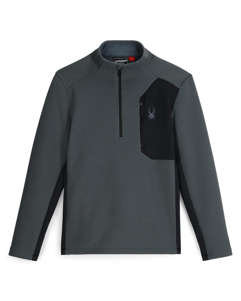 Gray long-sleeve shirt with black pocket and logo on a white background