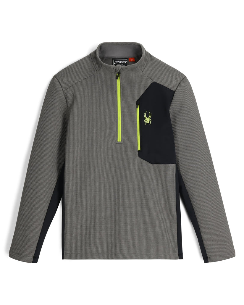 Gray long-sleeve shirt with black pocket and yellow zipper on a white background