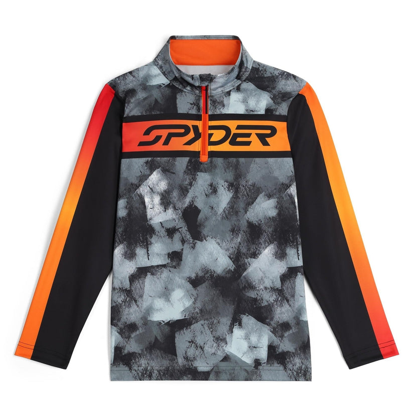 Sweatshirt with camouflage pattern and orange accents on a white background