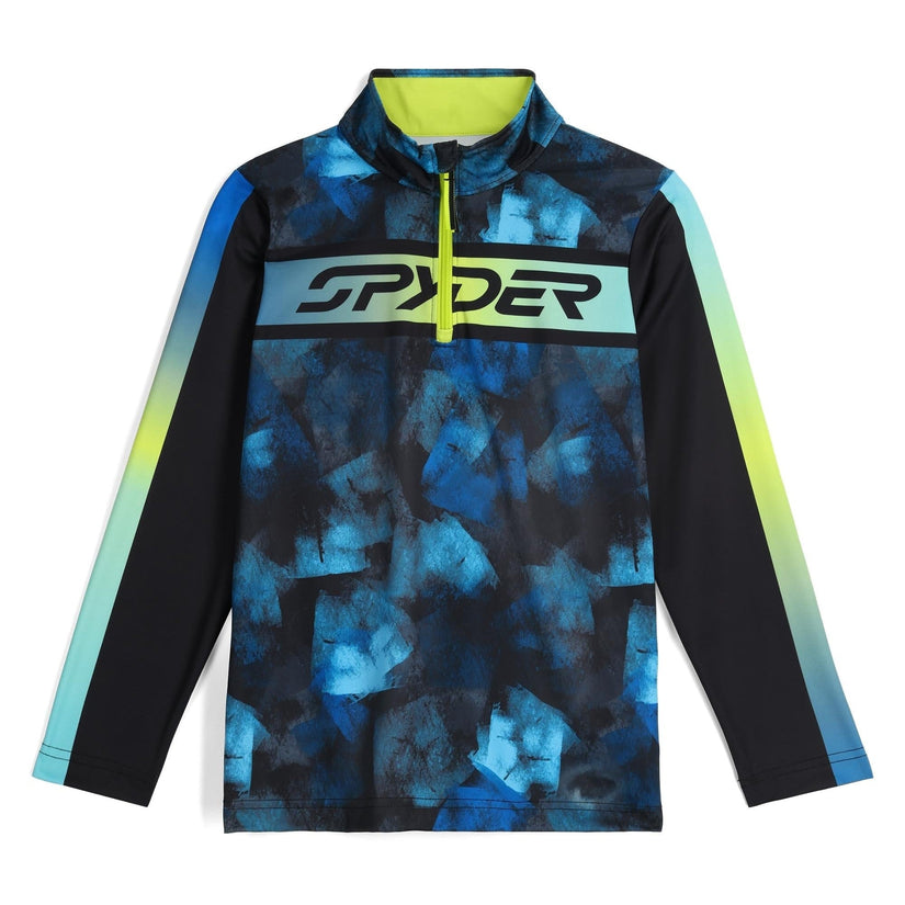 Long-sleeve shirt with blue and black abstract pattern and Spyder logo on a white background