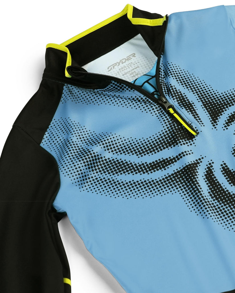 Blue and black cycling jersey with a prominent spider web design on a white background