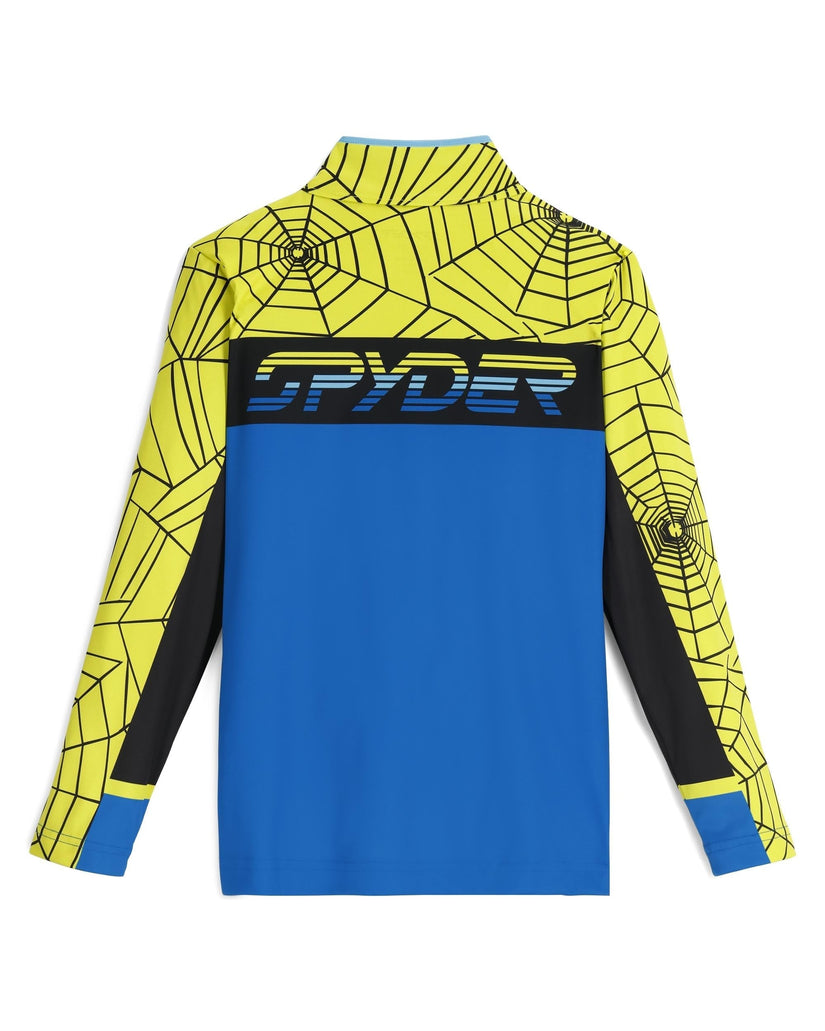 Long-sleeve shirt with spider web design and Spyder logo on a white background