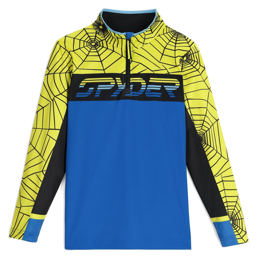 Yellow and blue hoodie with spider web pattern on a white background