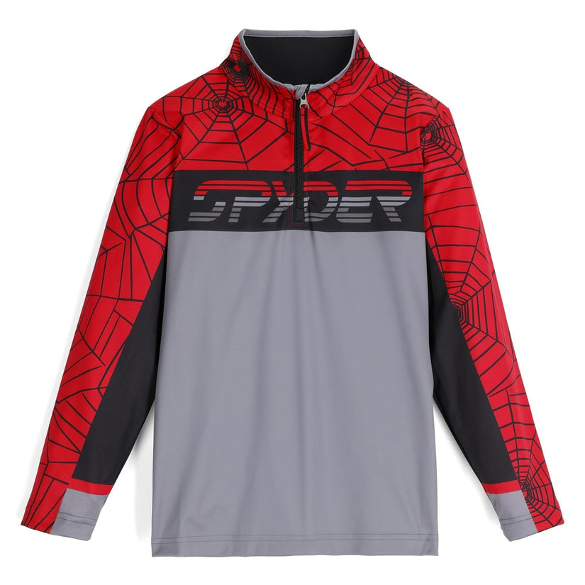 Spider-themed pullover with red, gray, and black design on a white background