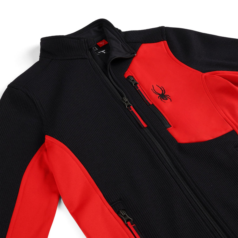 Close up of a black and red zippered collared jacket.
