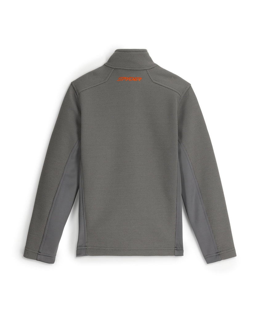 Gray jacket with a brand logo on the back against a white background