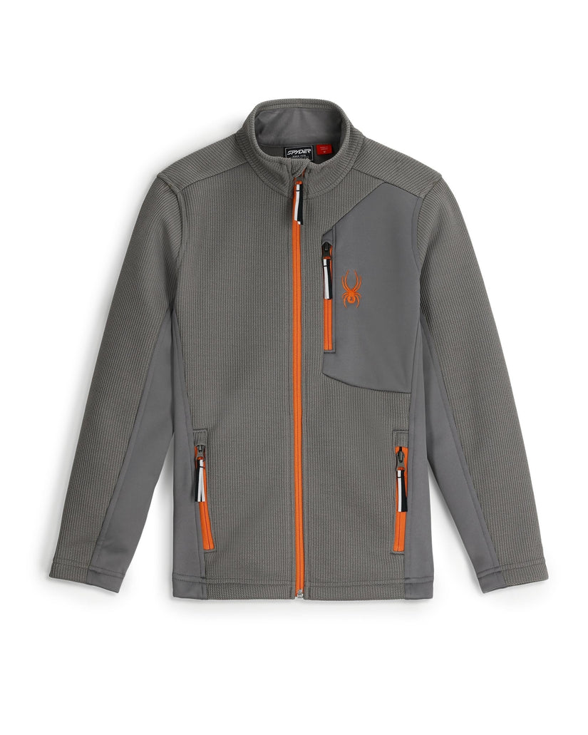 Gray jacket with orange zippers and accents on a white background