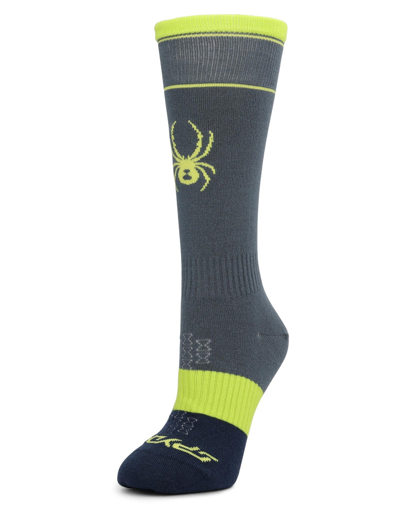 Light grey and lime green ski sock on a white background. 