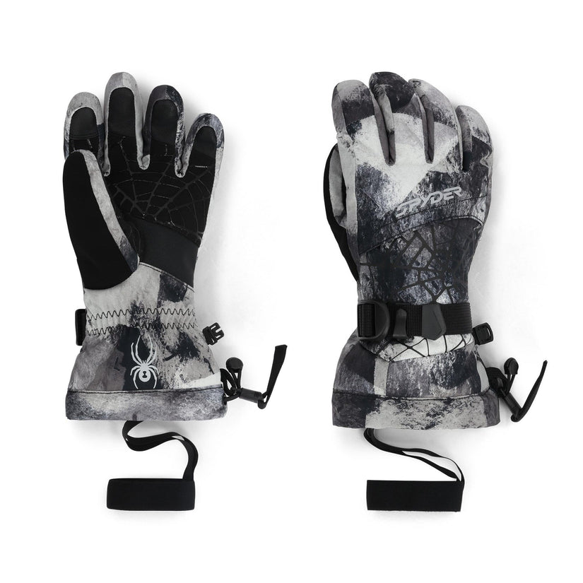 Pair of black and gray gloves with a camouflage pattern on a white background