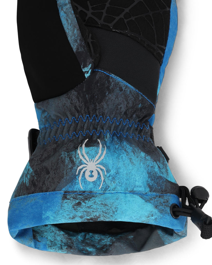Blue and black glove with a spider logo on a white background