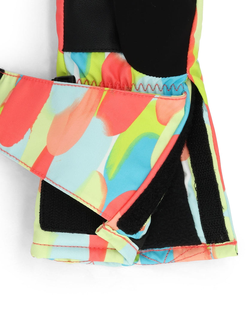 Colorful patterned glove with black accents on a white background