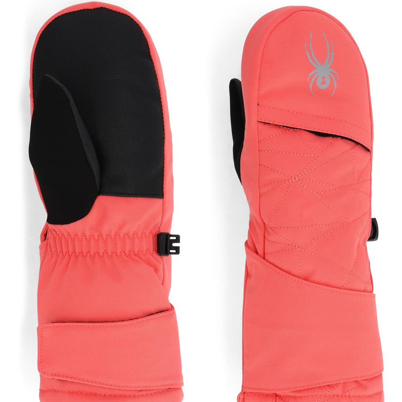 Pair of coral mittens with black interior on a white background