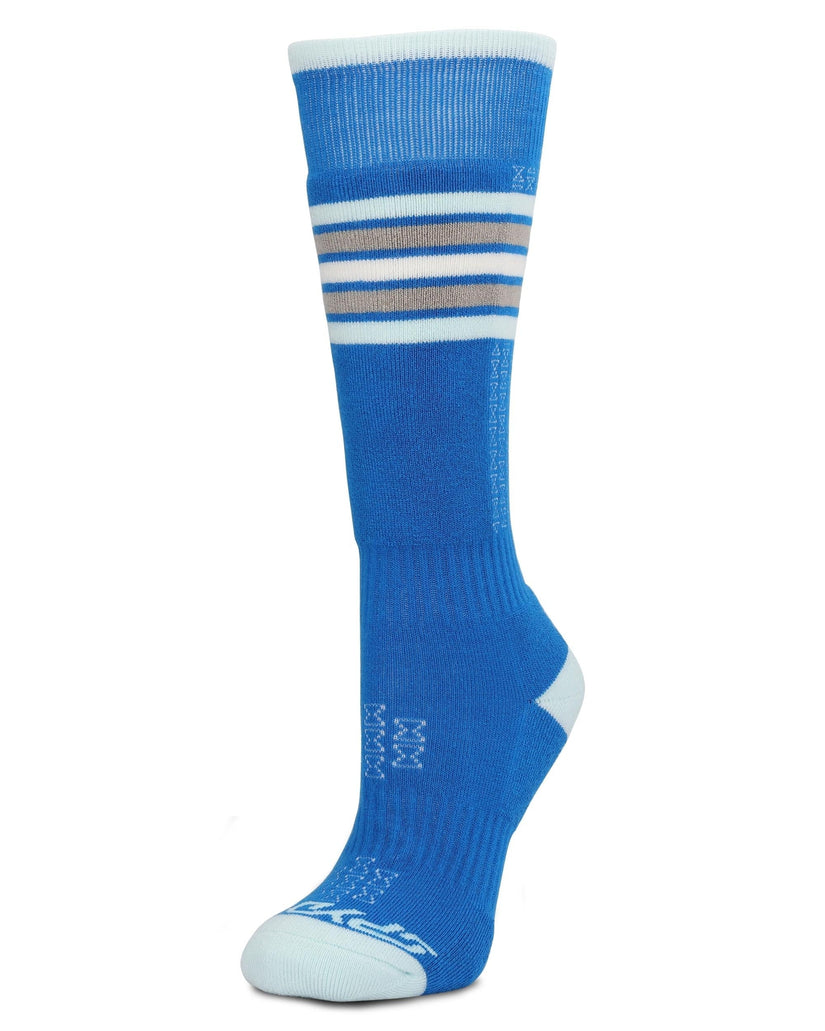 Blue sock with white and gray stripes on a white background