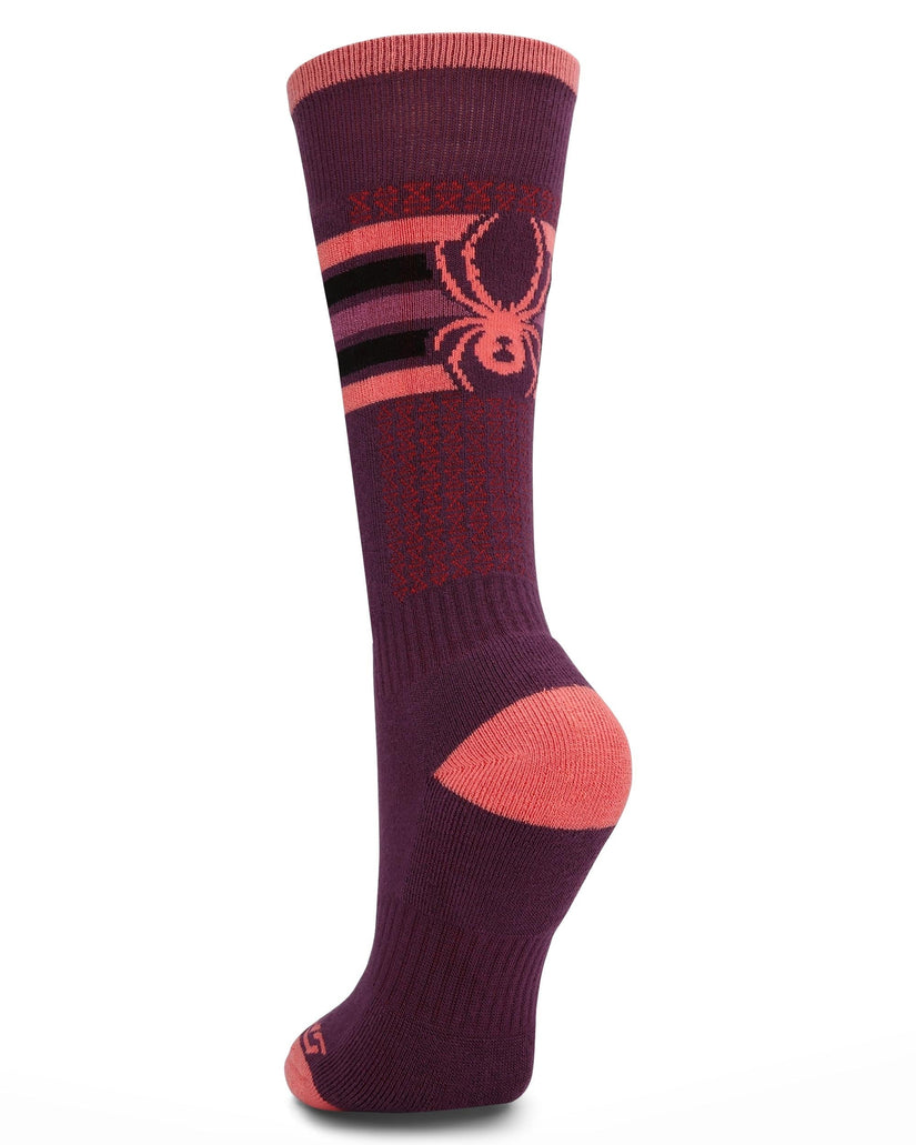 Purple sock with pink accents and a spider logo on a white background