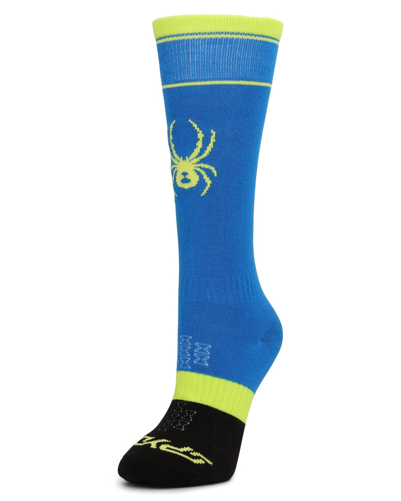 Blue sock with yellow spider logo on a white background