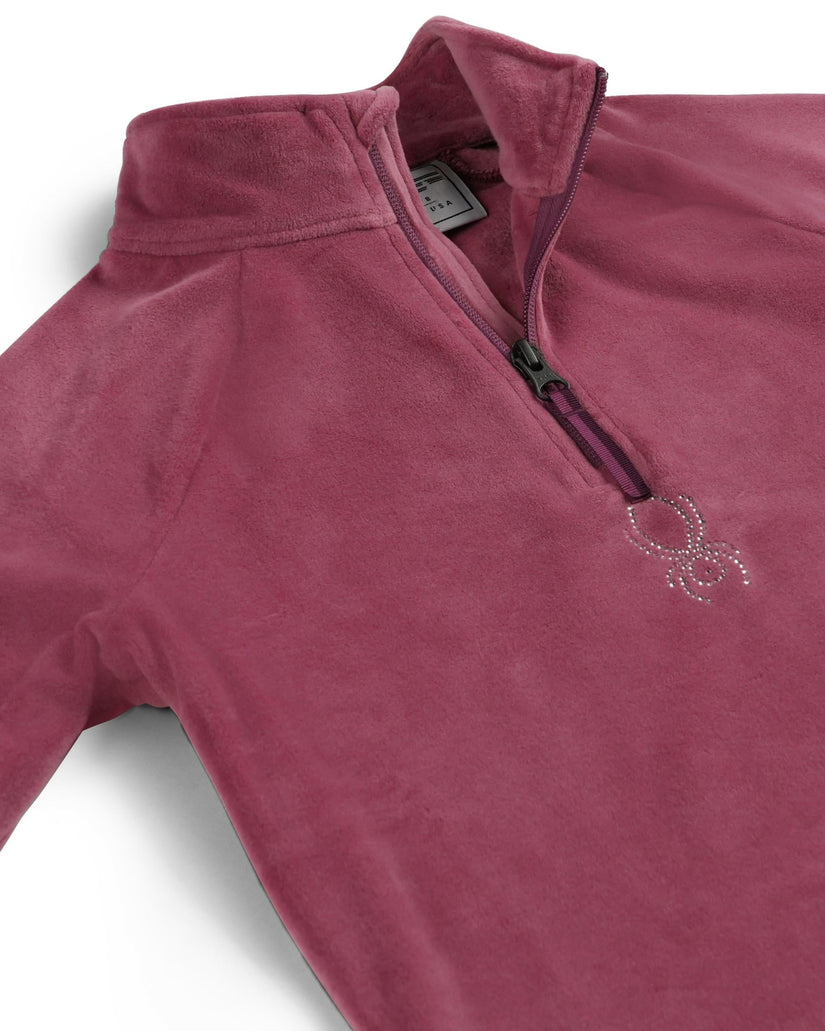 Maroon fleece pullover with a small embroidered design on a white background