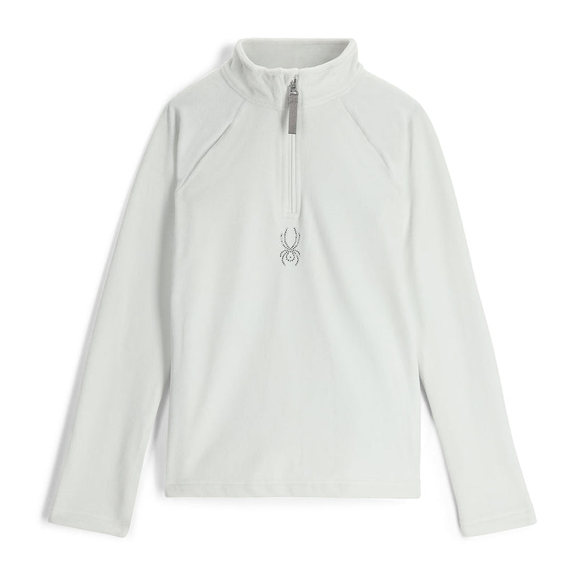 A white long-sleeved girls' pullover with a half zipper and a Spyder logo on the chest.