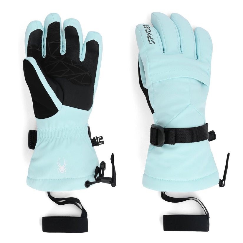 Pair of light blue gloves with black accents on a white background