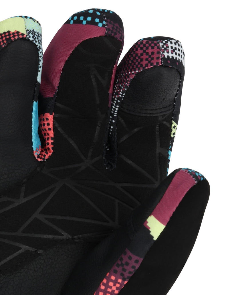 Black gloves with colorful patterned fingertips on a white background