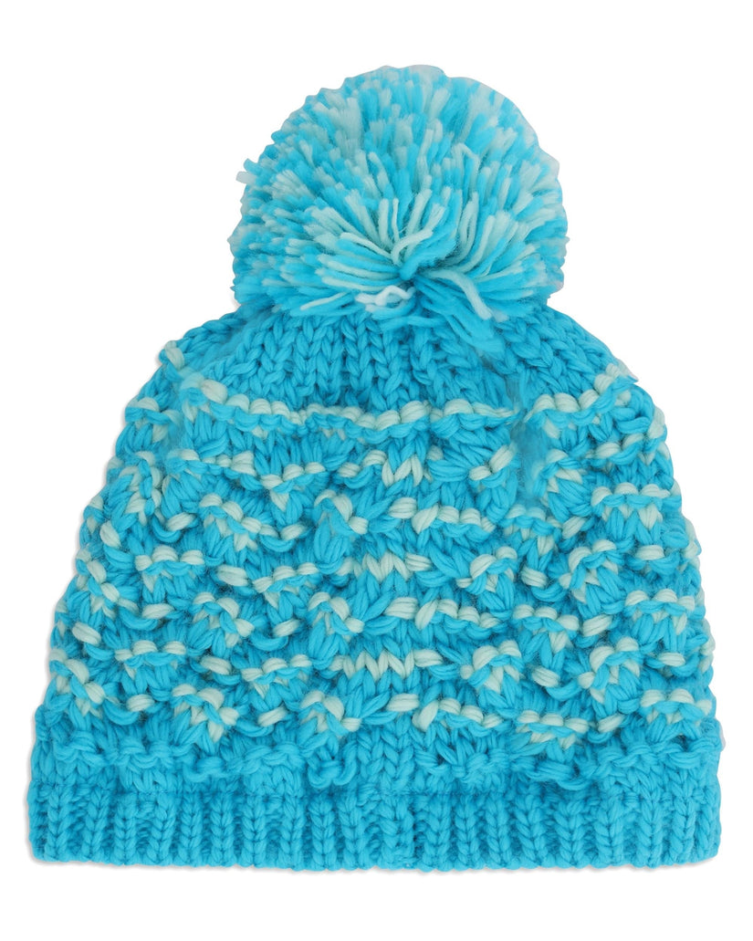 Blue knitted beanie with a pom-pom on a white background