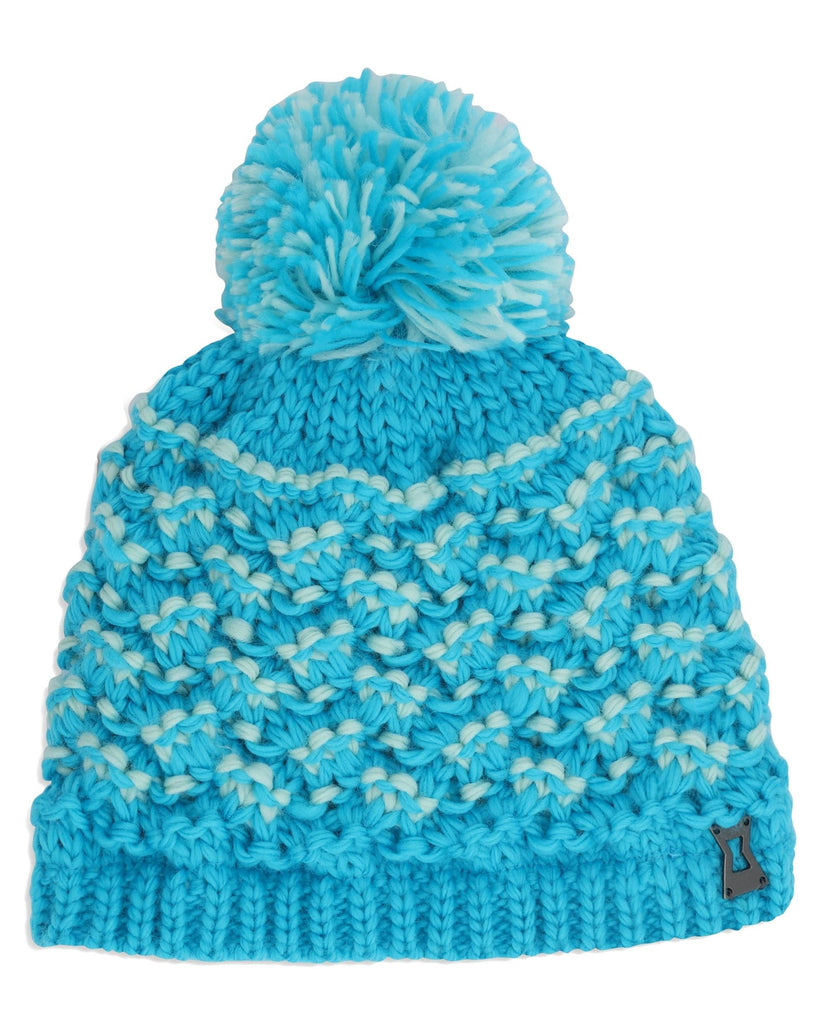 Blue knit beanie with pom-pom on a white background