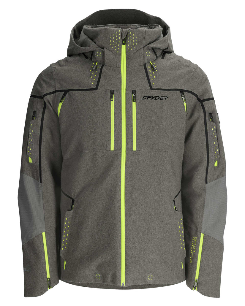 Gray jacket with green accents and Spyder branding on a white background