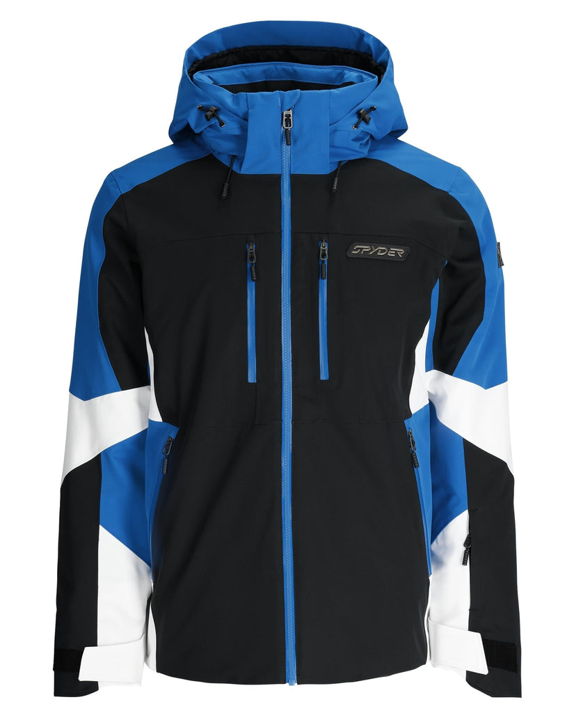 Black and blue jacket with white accents on a white background