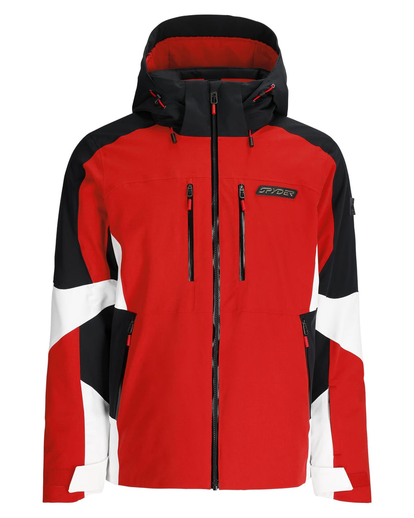 Red, black, and white jacket with a brand logo on a white background