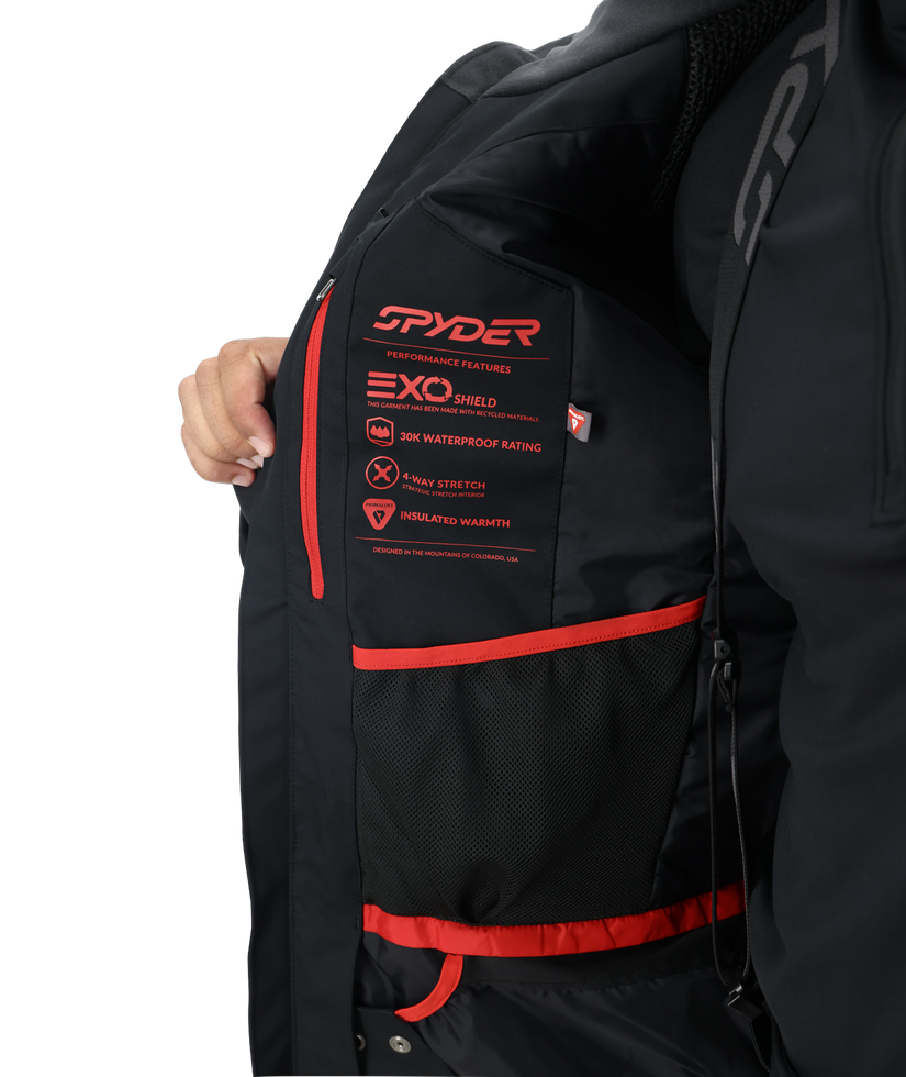 Black jacket with red accents and Spyder branding on a white background