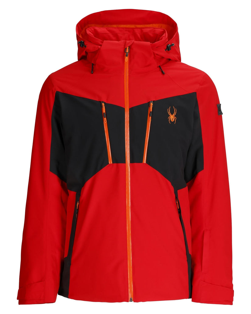 Red and black jacket with orange accents on a white background