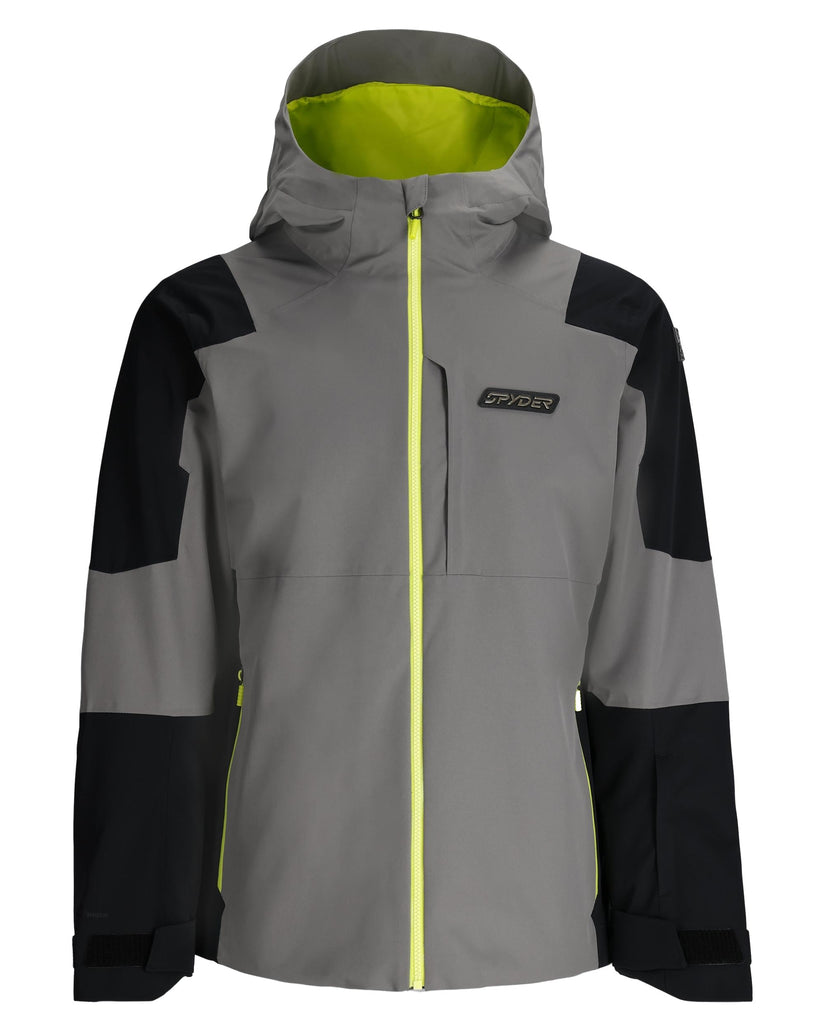 Gray and black jacket with a yellow zipper on a white background