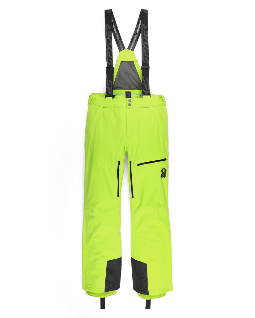 Bright green ski pants with black straps on a white background