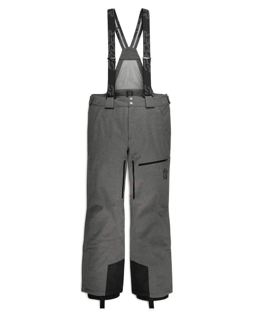 Gray snow pants with suspenders on a white background