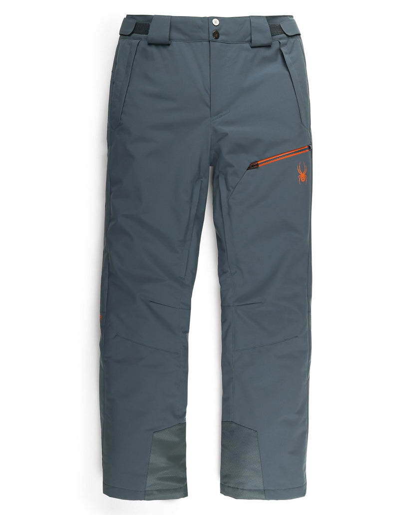 Gray pants with an orange zipper on a white background