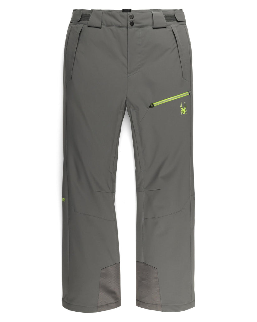 Gray pants with a green zipper on a white background