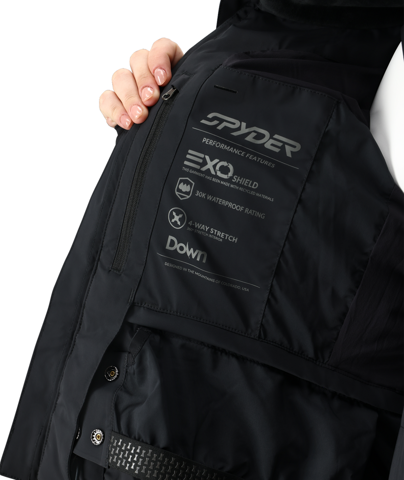 Black jacket with Spyder branding and EXO Shield feature on a white background