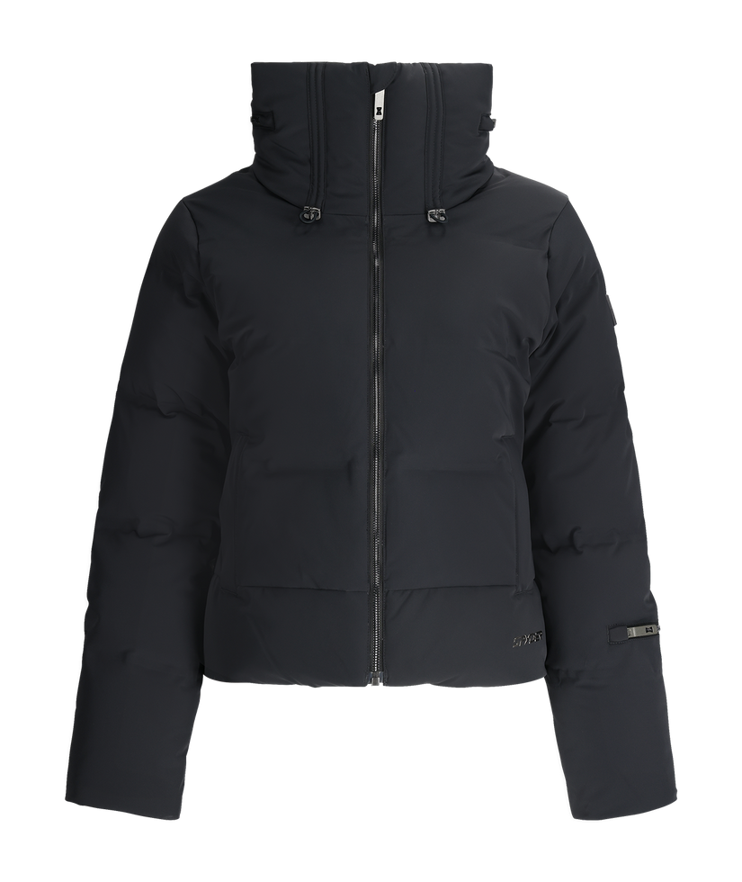 Black puffer jacket on a white background