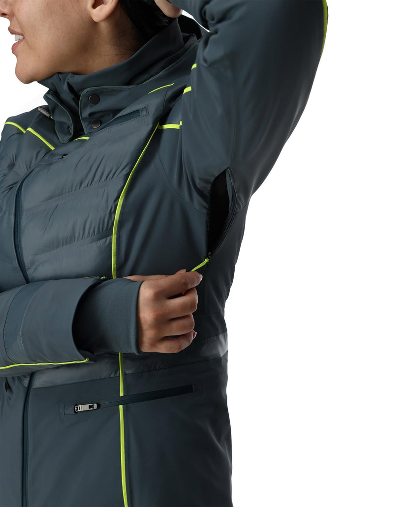 Person wearing a dark gray jacket with bright yellow accents on a white background