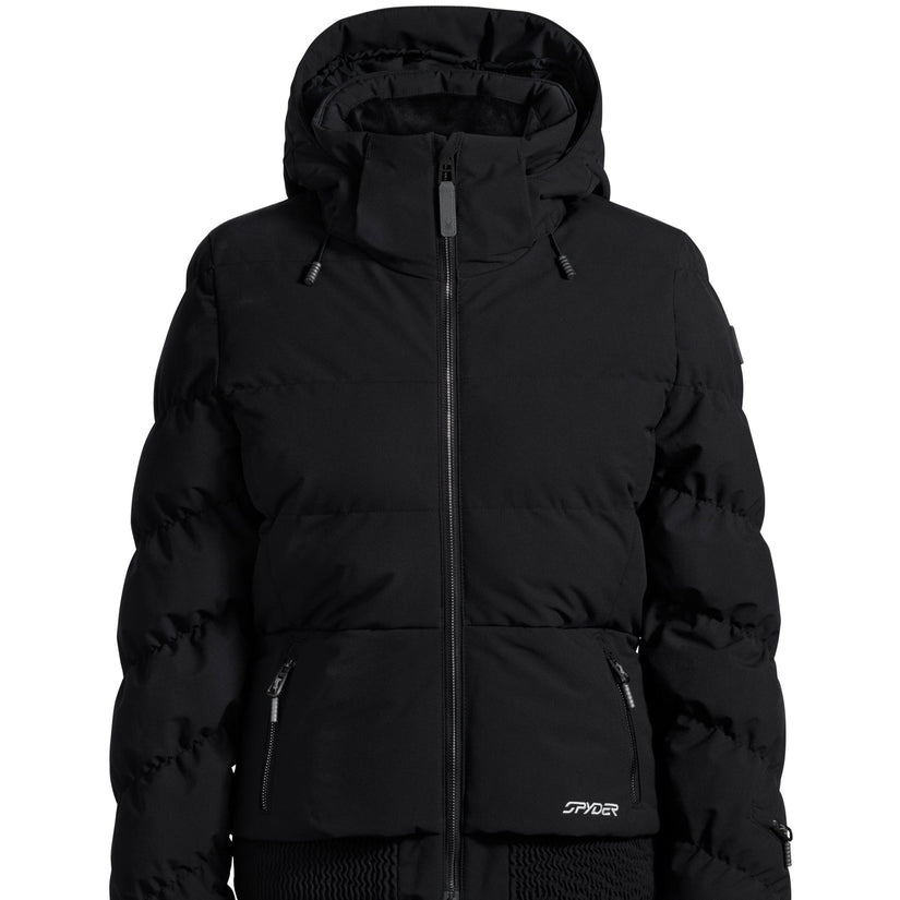 Black puffer jacket with a brand logo on a white background