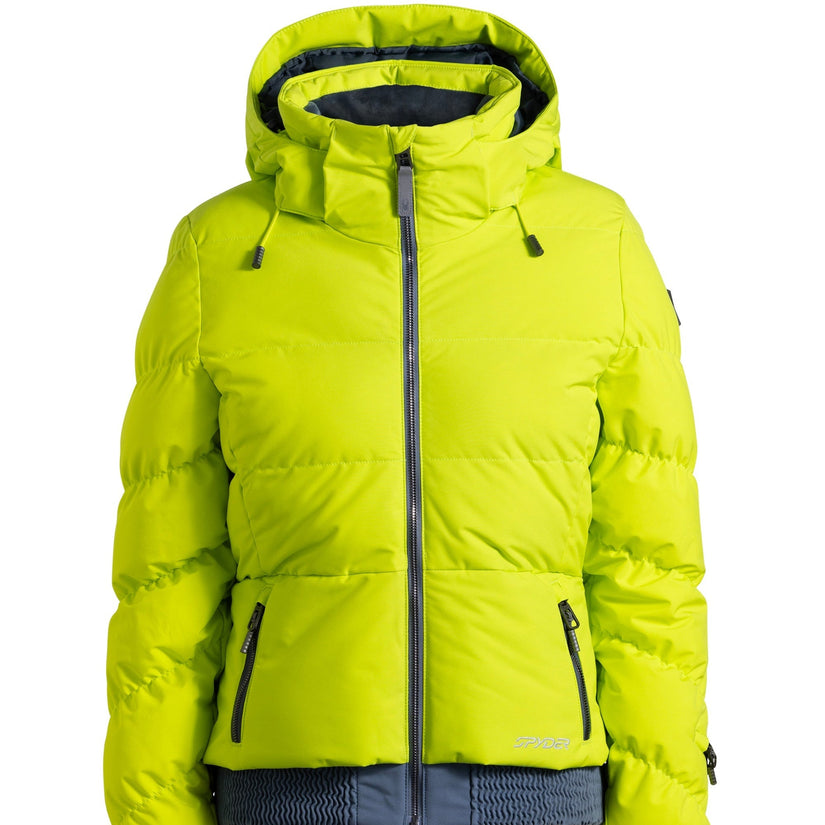 Yellow puffer jacket with a hood on a white background