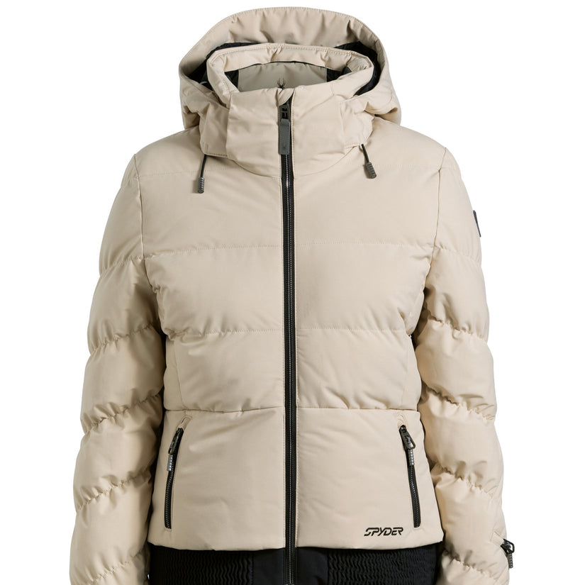 Beige winter jacket with black accents on a white background