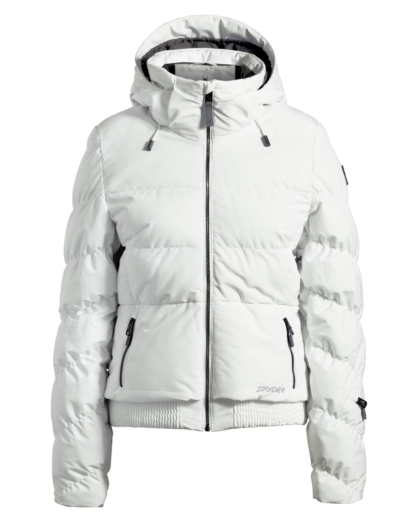 White womens puffer ski jacket on a white background.