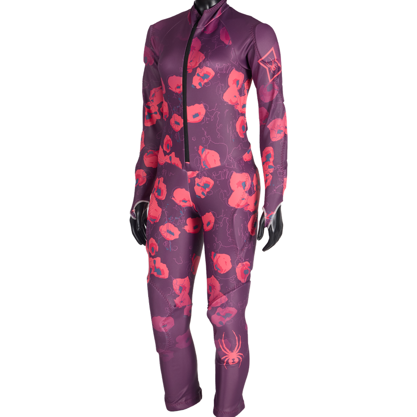 Purple and red patterned bodysuit on a white background
