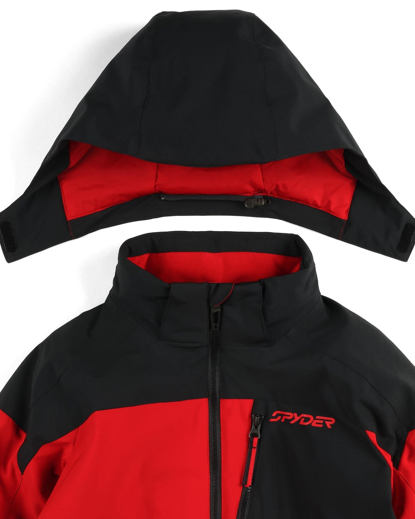 Black and red jacket with Spyder logo on a white background